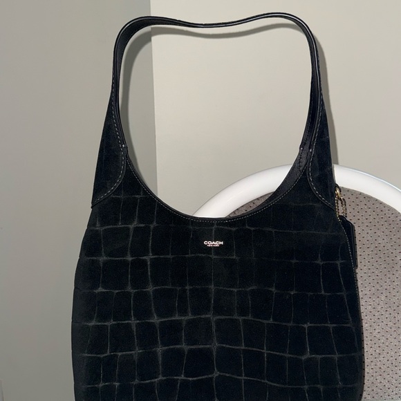 Coach Brooklyn Shoulder Bag 28 Black Suede Crocodile Embossed - Picture 2 of 4